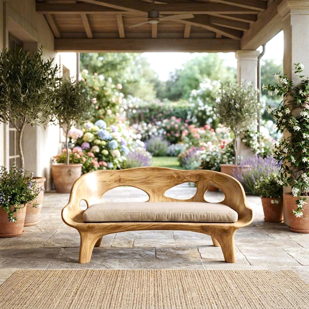 Modern Solid Wood Bench Curved Backrest Eco-Friendly Durable Outdoor Furniture Entryway Living Room Entrance Hall - Image 5