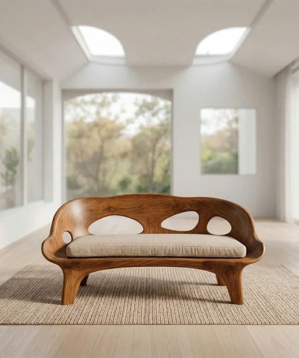 Alternative view of Modern Solid Wood Bench Curved Backrest Eco-Friendly Durable Outdoor Furniture Entryway Living Room Entrance Hall