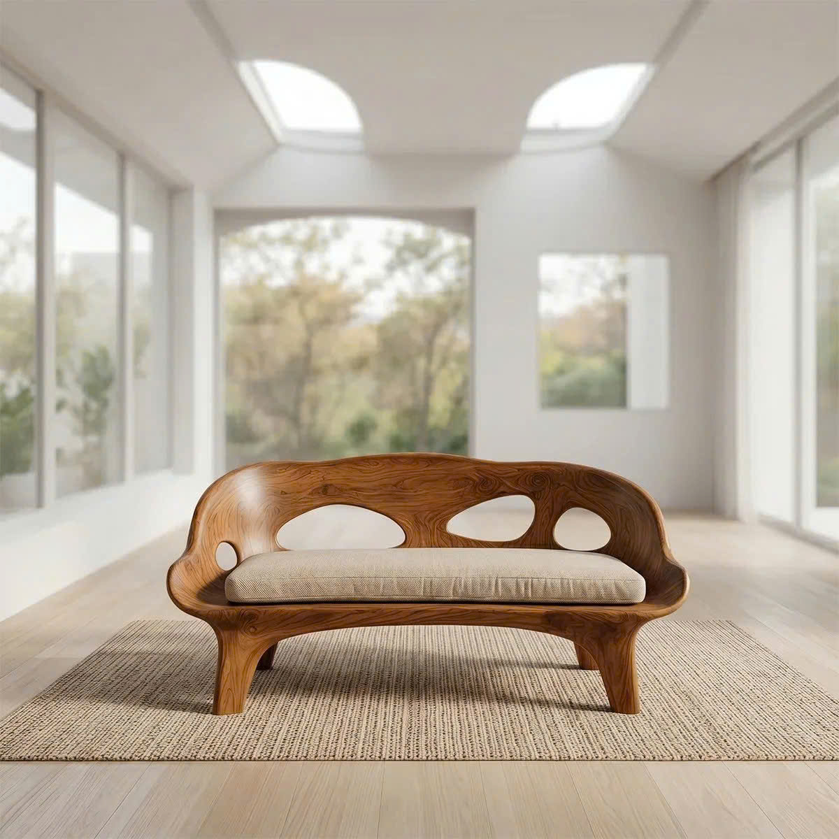 Modern Solid Wood Bench Curved Backrest Eco-Friendly Durable Outdoor Furniture Entryway Living Room Entrance Hall - Image 2