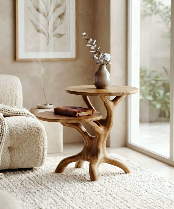 Alternative view of Rustic Solid Wood End Table For Living Room Stylish Wall Display