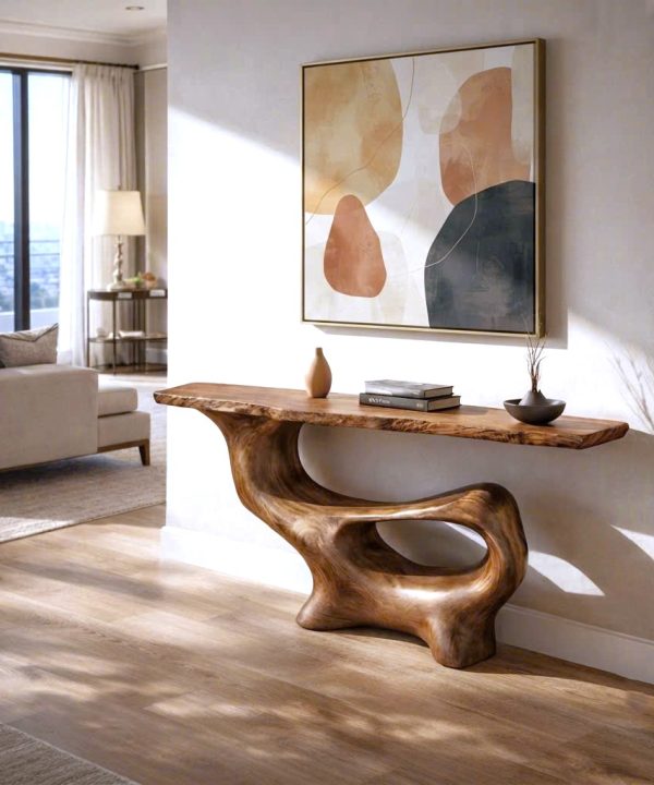 Alternative view of Luxali Handmade Wooden Console Table — a modern farmhouse masterpiece, meticulously handcrafted from solid natural Monkey Pod wood, showcasing refined artistry and designed to elevate any living room.