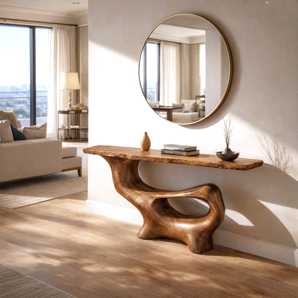 Luxali Handmade Wooden Console Table — a modern farmhouse masterpiece, meticulously handcrafted from solid natural Monkey Pod wood, showcasing refined artistry and designed to elevate any living room.