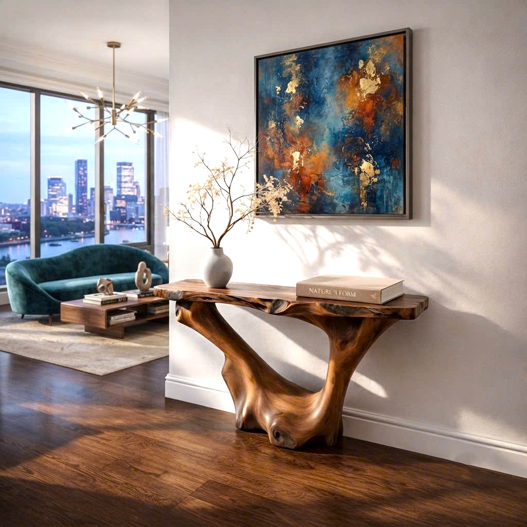 Luxali wooden Modern Solid Wood Console Table| Entryway wooden furniture| Rustic live edge console table With Pedestal Base Handmade Entryway Furniture For Living Room - Image 2