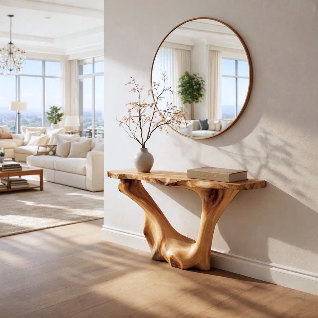 Luxali wooden Modern Solid Wood Console Table| Entryway wooden furniture| Rustic live edge console table With Pedestal Base Handmade Entryway Furniture For Living Room - Image 8