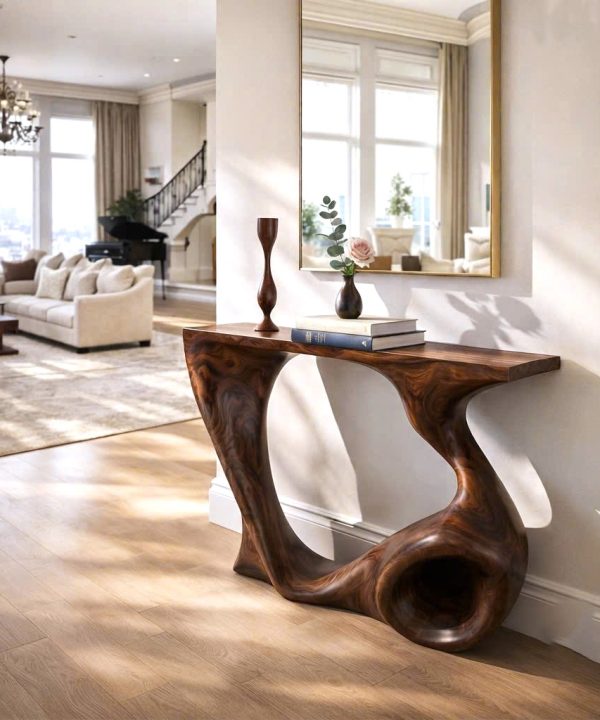 Alternative view of Luxali Handmade Wooden Console Table — a modern farmhouse masterpiece, meticulously handcrafted from solid natural Monkey Pod wood, showcasing refined artistry and designed to elevate any living room.