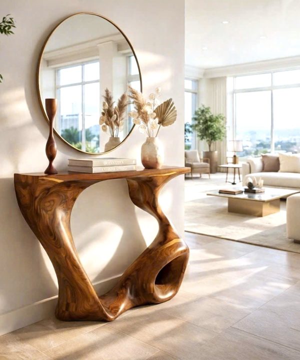 Luxali Handmade Wooden Console Table — a modern farmhouse masterpiece, meticulously handcrafted from solid natural Monkey Pod wood, showcasing refined artistry and designed to elevate any living room.