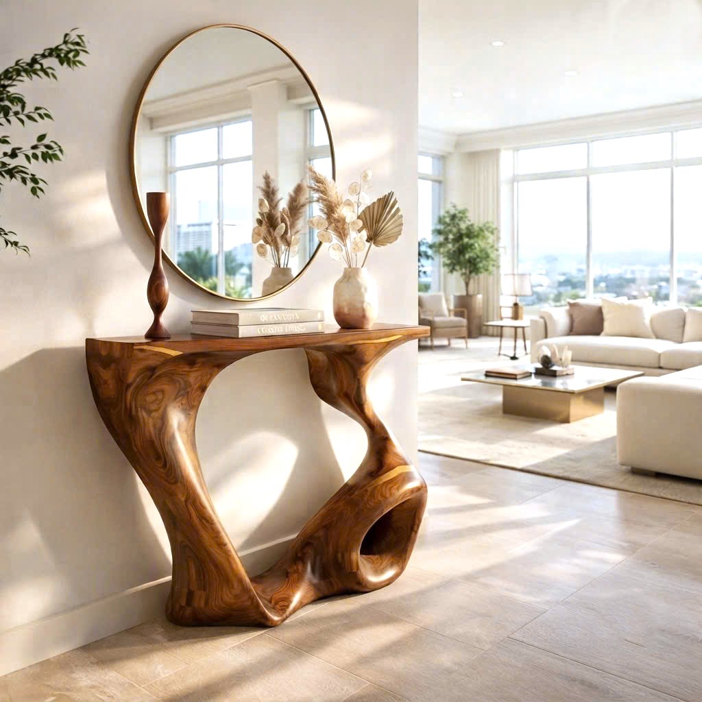 Luxali Handmade Wooden Console Table — a modern farmhouse masterpiece, meticulously handcrafted from solid natural Monkey Pod wood, showcasing refined artistry and designed to elevate any living room.