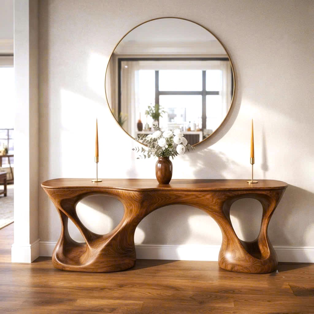 Luxali Handmade Wooden Console Table — a modern farmhouse masterpiece, meticulously handcrafted from solid natural Monkey Pod wood, showcasing refined artistry and designed to elevate any living room.