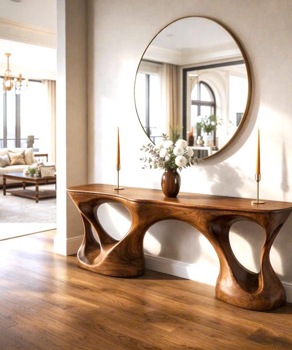 Alternative view of Luxali Handmade Wooden Console Table — a modern farmhouse masterpiece, meticulously handcrafted from solid natural Monkey Pod wood, showcasing refined artistry and designed to elevate any living room.