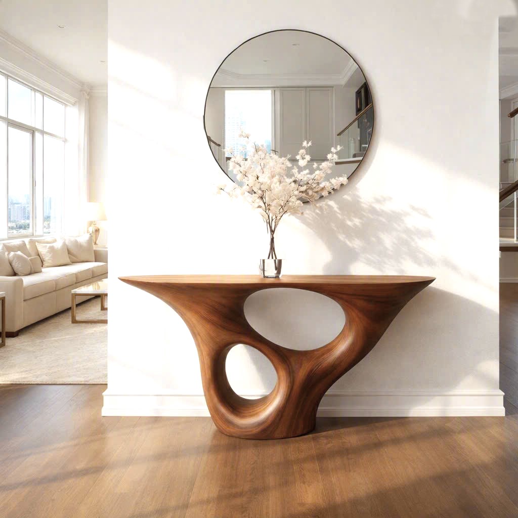 Luxali Handmade Wooden Console Table — a modern farmhouse masterpiece, meticulously handcrafted from solid natural Monkey Pod wood, showcasing refined artistry and designed to elevate any living room.