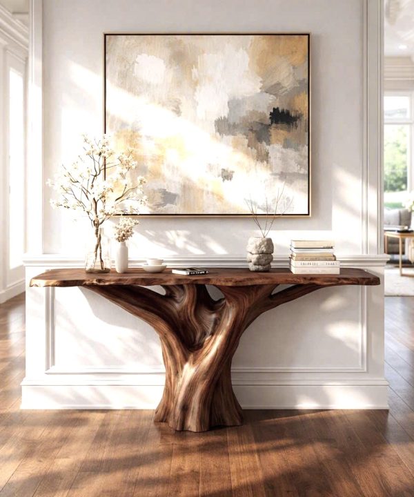 Luxali Handmade Wooden Console Table — a modern farmhouse masterpiece, meticulously handcrafted from solid natural Monkey Pod wood, showcasing refined artistry and designed to elevate any living room.