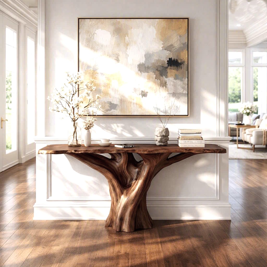Luxali Handmade Wooden Console Table — a modern farmhouse masterpiece, meticulously handcrafted from solid natural Monkey Pod wood, showcasing refined artistry and designed to elevate any living room.