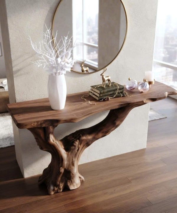 Luxali Handmade Wooden Console Table — a modern farmhouse masterpiece, meticulously handcrafted from solid natural Monkey Pod wood, showcasing refined artistry and designed to elevate any living room.
