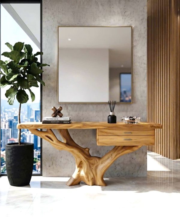 Alternative view of Luxali Handmade Wooden Console Table — a modern farmhouse masterpiece, meticulously handcrafted from solid natural Monkey Pod wood, showcasing refined artistry and designed to elevate any living room.