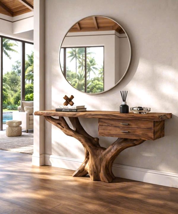 Luxali Handmade Wooden Console Table — a modern farmhouse masterpiece, meticulously handcrafted from solid natural Monkey Pod wood, showcasing refined artistry and designed to elevate any living room.