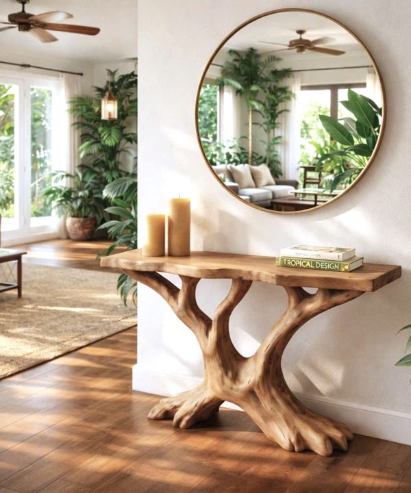 Luxali Handmade Wooden Console Table — a modern farmhouse masterpiece, meticulously handcrafted from solid natural Monkey Pod wood, showcasing refined artistry and designed to elevate any living room.