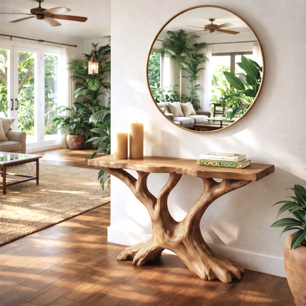 Luxali Handmade Wooden Console Table — a modern farmhouse masterpiece, meticulously handcrafted from solid natural Monkey Pod wood, showcasing refined artistry and designed to elevate any living room.
