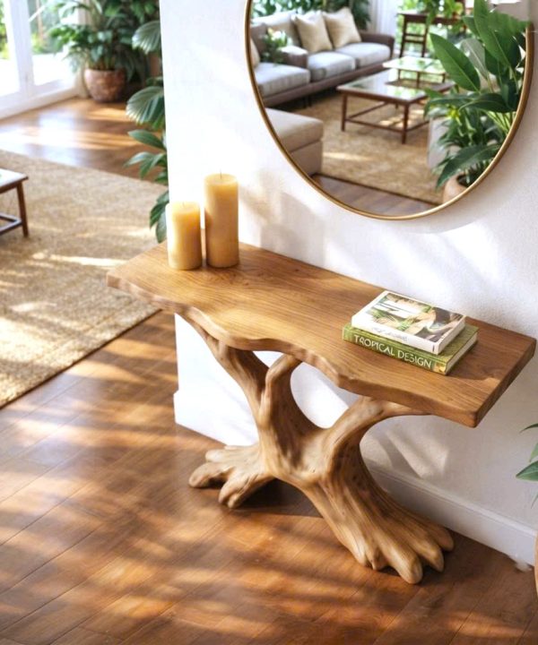 Alternative view of Luxali Handmade Wooden Console Table — a modern farmhouse masterpiece, meticulously handcrafted from solid natural Monkey Pod wood, showcasing refined artistry and designed to elevate any living room.