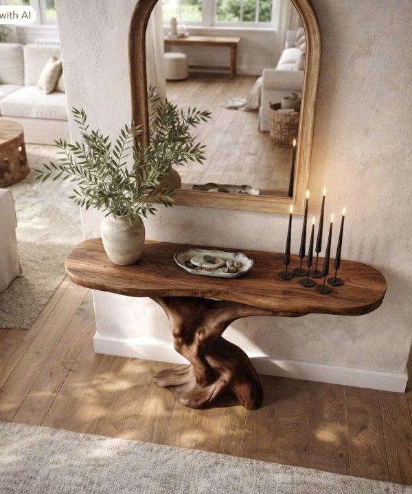 Alternative view of Luxali Handmade Wooden Console Table — a modern farmhouse masterpiece, meticulously handcrafted from solid natural Monkey Pod wood, showcasing refined artistry and designed to elevate any living room.