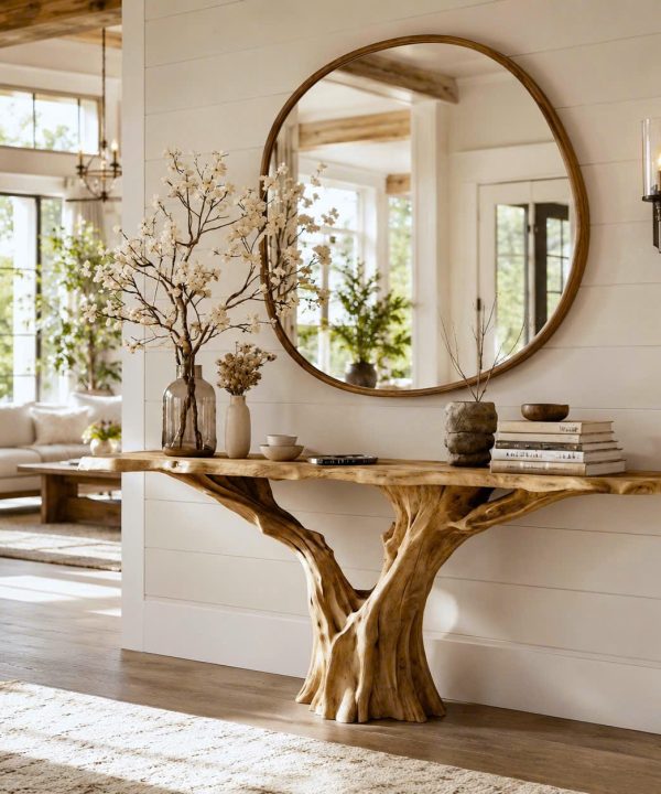 Luxali Handmade Wooden Console Table — a modern farmhouse masterpiece, meticulously handcrafted from solid natural Monkey Pod wood, showcasing refined artistry and designed to elevate any living room