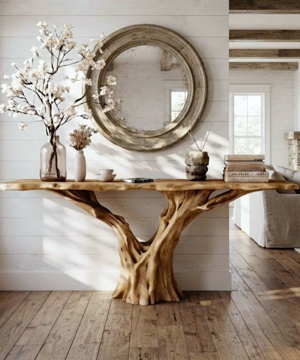 Alternative view of Luxali Handmade Wooden Console Table — a modern farmhouse masterpiece, meticulously handcrafted from solid natural Monkey Pod wood, showcasing refined artistry and designed to elevate any living room