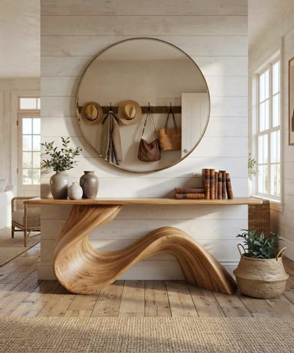 Luxali Handmade Wooden Console Table — a modern farmhouse masterpiece, meticulously handcrafted from solid natural Monkey Pod wood, showcasing refined artistry and designed to elevate any living room.