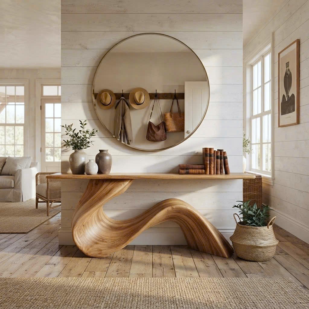 Luxali Handmade Wooden Console Table — a modern farmhouse masterpiece, meticulously handcrafted from solid natural Monkey Pod wood, showcasing refined artistry and designed to elevate any living room.