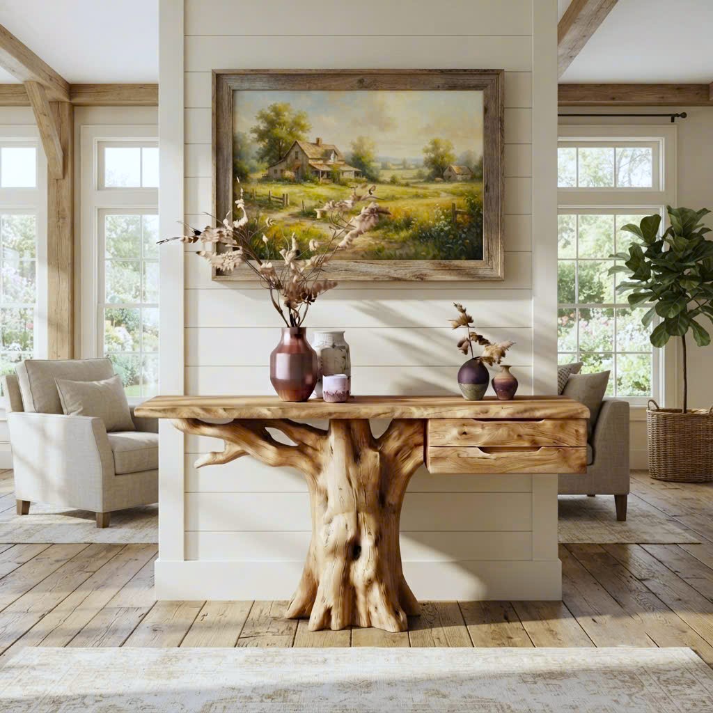 Luxali Handmade Wooden Console Table — a modern farmhouse masterpiece, meticulously handcrafted from solid natural Monkey Pod wood, showcasing refined artistry and designed to elevate any living room