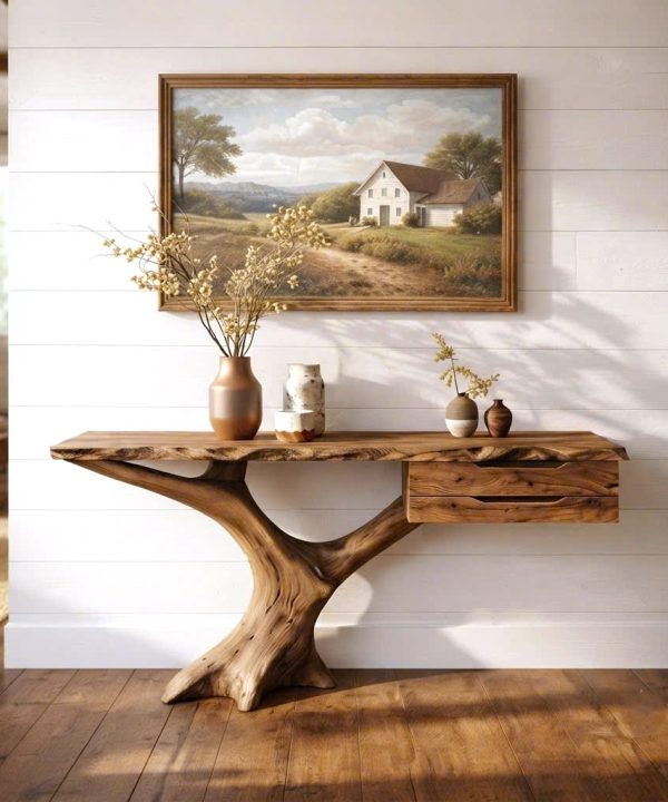 Alternative view of Luxali Handmade Wooden Console Table — a modern farmhouse masterpiece, meticulously handcrafted from solid natural Monkey Pod wood, showcasing refined artistry and designed to elevate any living room