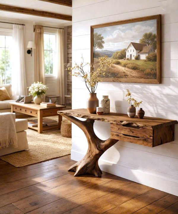 Luxali Handmade Wooden Console Table — a modern farmhouse masterpiece, meticulously handcrafted from solid natural Monkey Pod wood, showcasing refined artistry and designed to elevate any living room