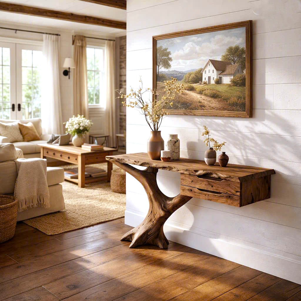 Luxali Handmade Wooden Console Table — a modern farmhouse masterpiece, meticulously handcrafted from solid natural Monkey Pod wood, showcasing refined artistry and designed to elevate any living room
