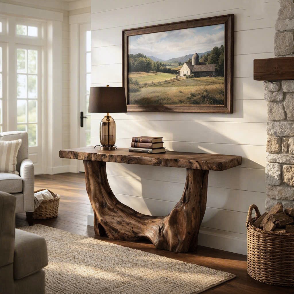 Luxali Handmade Wooden Console Table — a modern farmhouse masterpiece, meticulously handcrafted from solid natural Monkey Pod wood, showcasing refined artistry and designed to elevate any living room