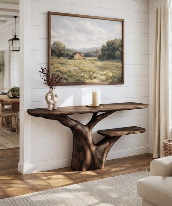 Luxali Handmade Wooden Console Table — a modern farmhouse masterpiece, meticulously handcrafted from solid natural Monkey Pod wood, showcasing refined artistry and designed to elevate any living room