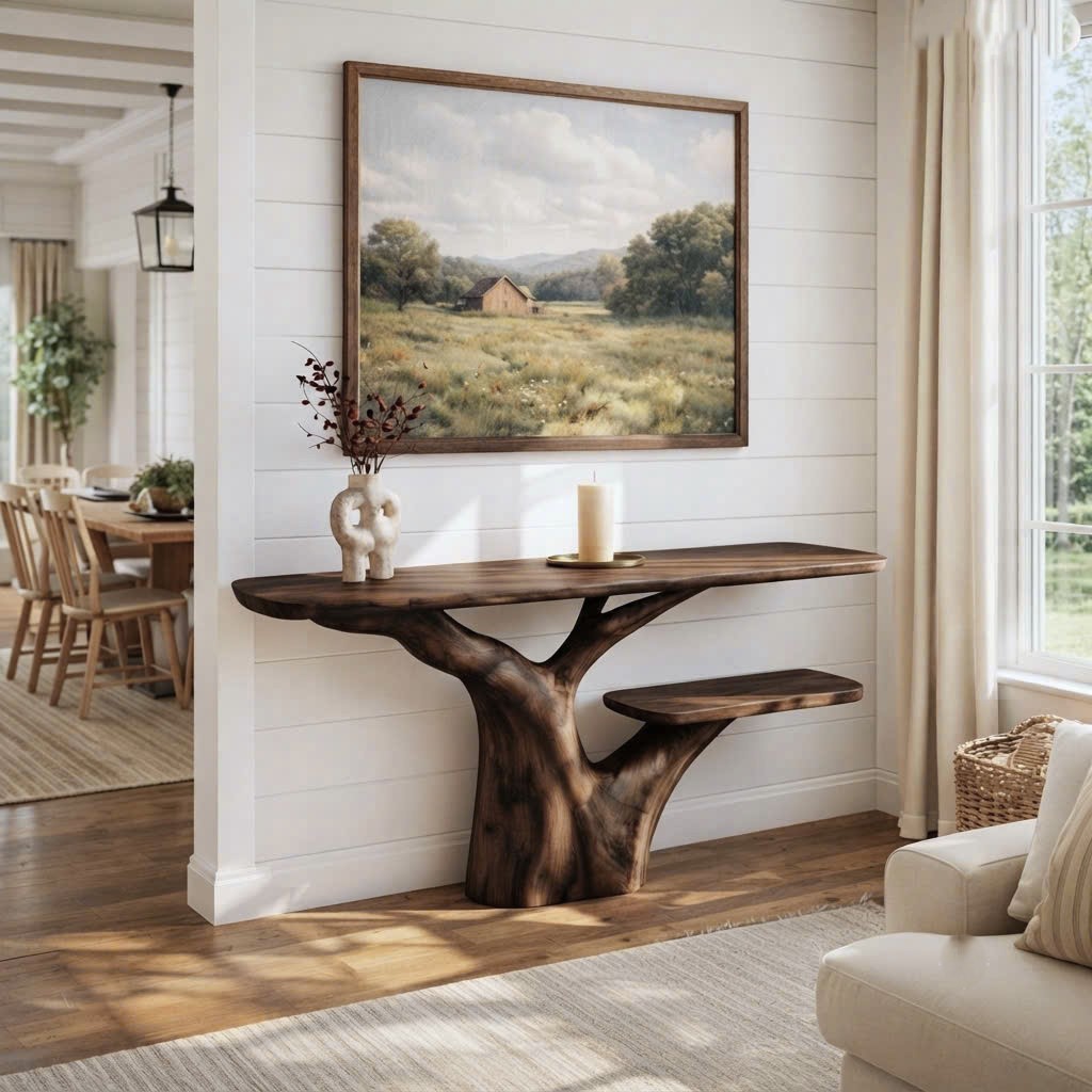 Luxali Handmade Wooden Console Table — a modern farmhouse masterpiece, meticulously handcrafted from solid natural Monkey Pod wood, showcasing refined artistry and designed to elevate any living room