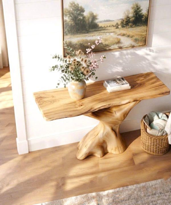Alternative view of Luxali Handmade Wooden Console Table — a modern farmhouse masterpiece, meticulously handcrafted from solid natural Monkey Pod wood, showcasing refined artistry and designed to elevate any living room.