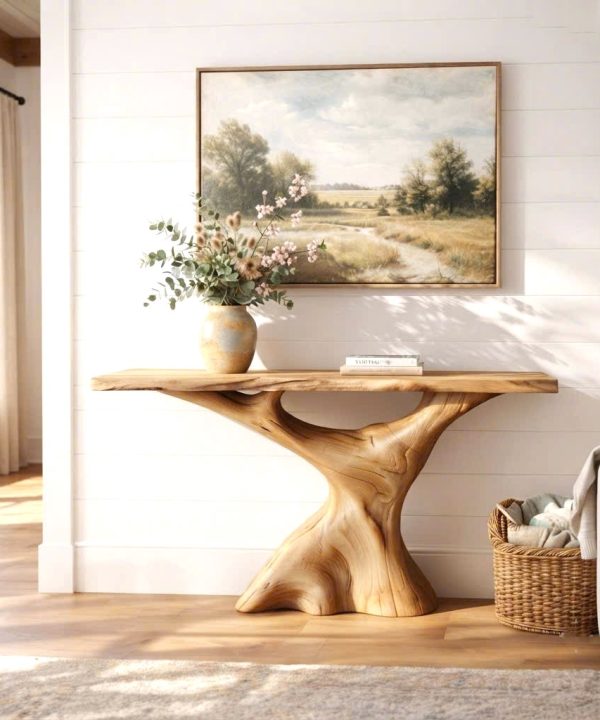 Luxali Handmade Wooden Console Table — a modern farmhouse masterpiece, meticulously handcrafted from solid natural Monkey Pod wood, showcasing refined artistry and designed to elevate any living room.