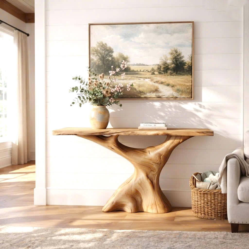 Luxali Handmade Wooden Console Table — a modern farmhouse masterpiece, meticulously handcrafted from solid natural Monkey Pod wood, showcasing refined artistry and designed to elevate any living room.