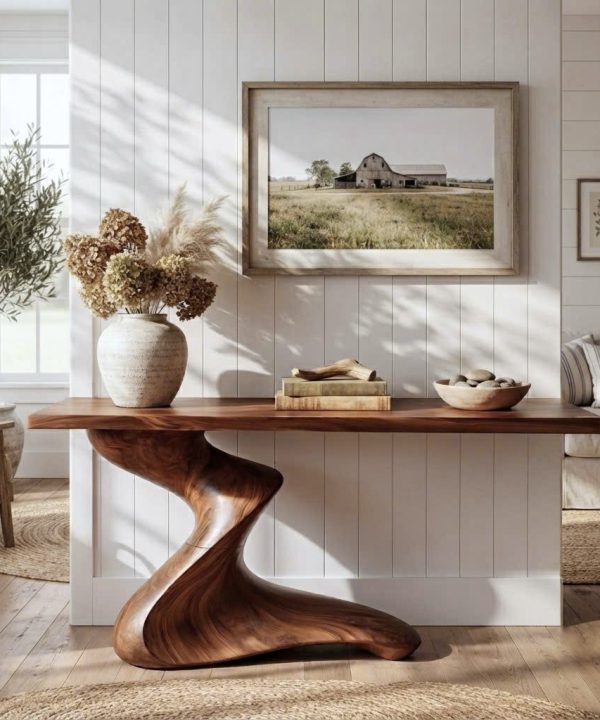 Luxali Handmade Wooden Console Table — a modern farmhouse masterpiece, meticulously handcrafted from solid natural Monkey Pod wood, showcasing refined artistry and designed to elevate any living room.