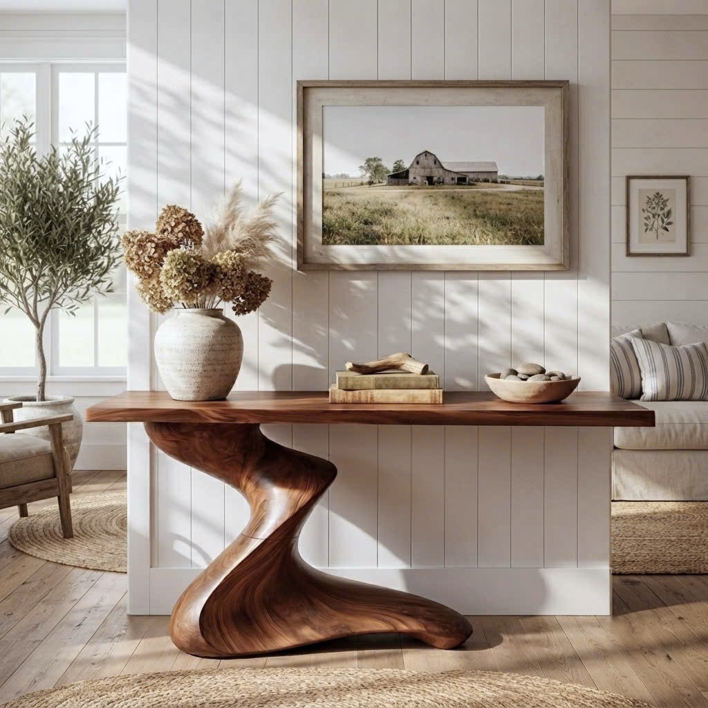 Luxali Handmade Wooden Console Table — a modern farmhouse masterpiece, meticulously handcrafted from solid natural Monkey Pod wood, showcasing refined artistry and designed to elevate any living room.