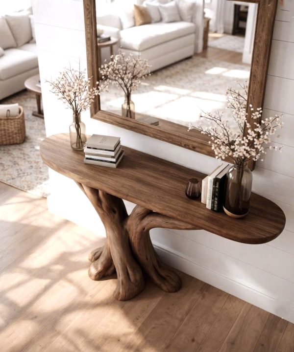 Alternative view of Luxali Handmade Wooden Console Table — a modern farmhouse masterpiece, meticulously handcrafted from solid natural Monkey Pod wood, showcasing refined artistry and designed to elevate any living room