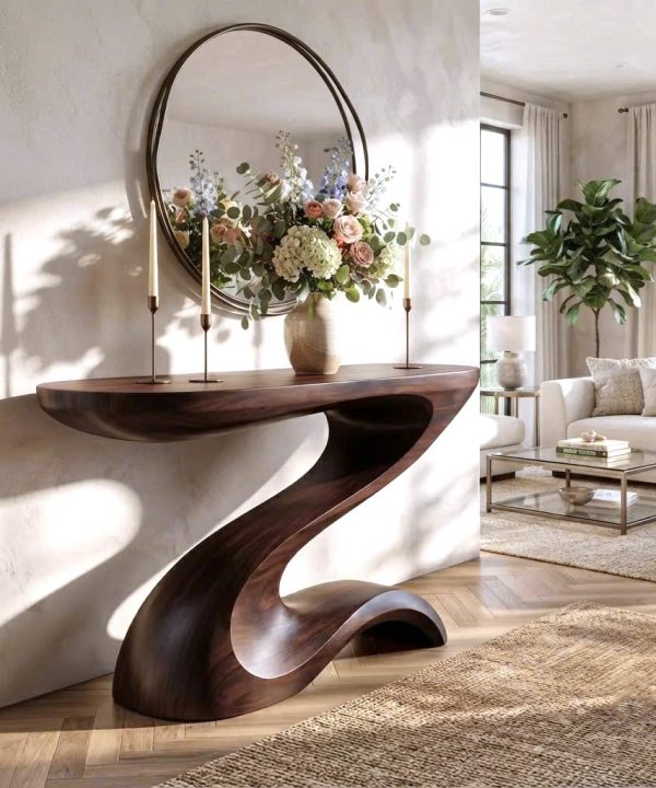 Alternative view of Luxali Handmade Wooden Console Table — a modern farmhouse masterpiece, meticulously handcrafted from solid natural Monkey Pod wood, showcasing refined artistry and designed to elevate any living room.