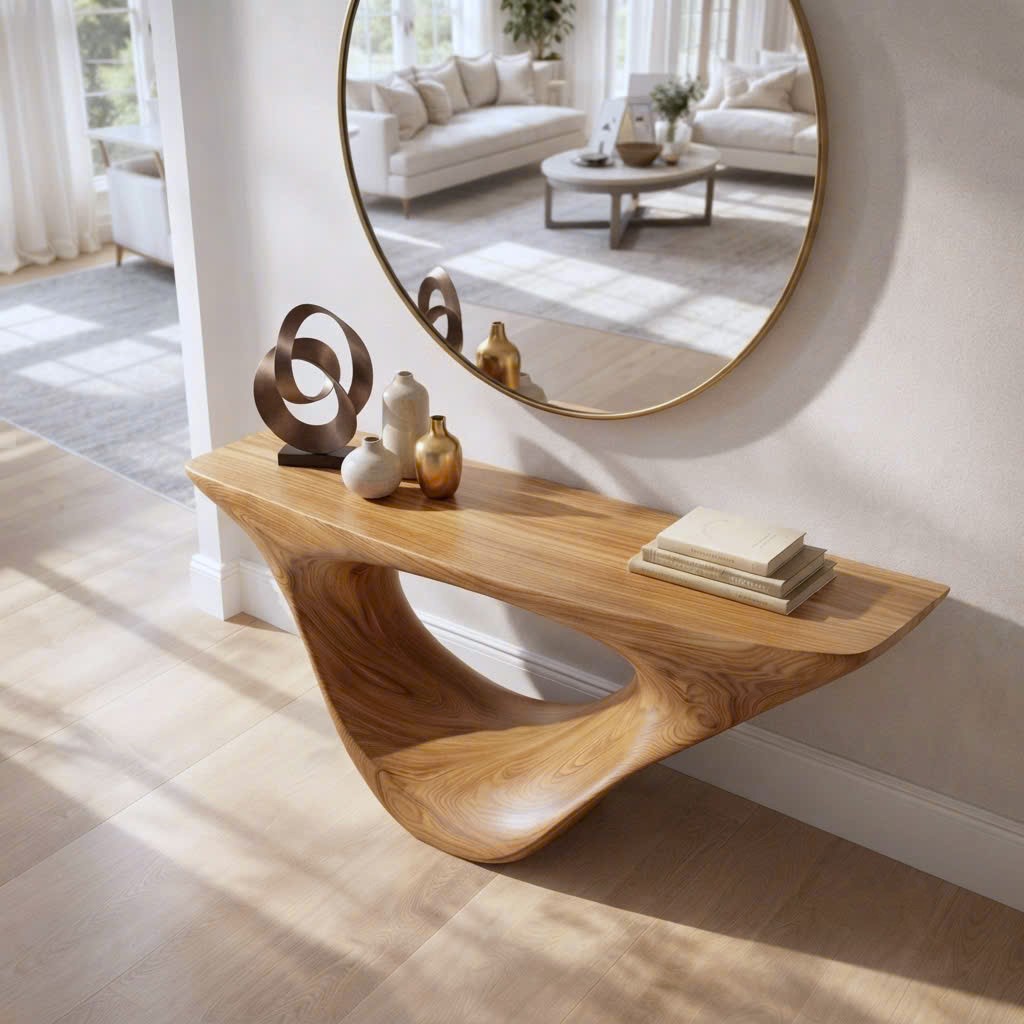 Modern Solid Wood Console Table With Pedestal Base Handmade Entryway Furniture For Living Room - Image 2