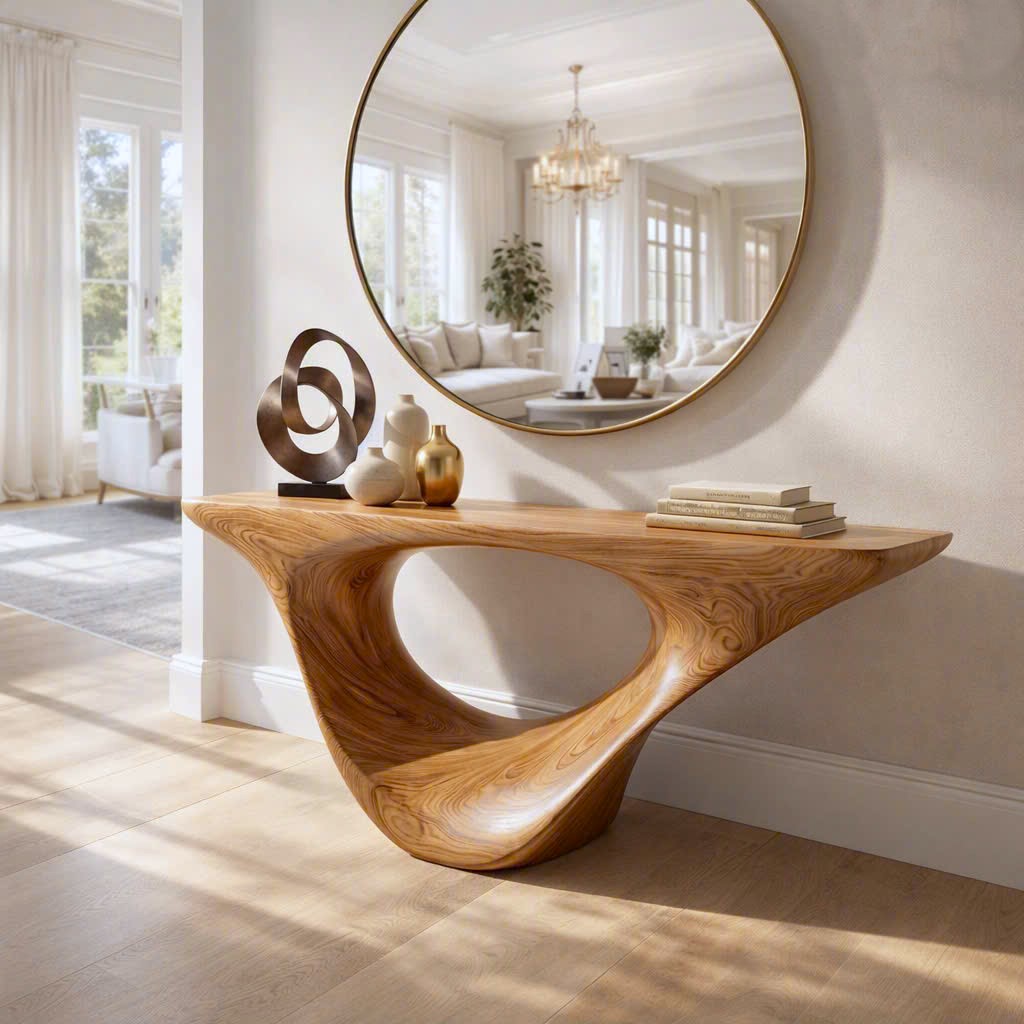 Modern Solid Wood Console Table With Pedestal Base Handmade Entryway Furniture For Living Room - Image 3