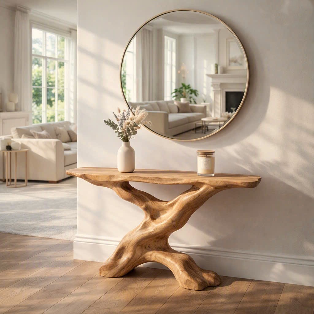 Modern Solid Wood Console Table With Pedestal Base Handmade Entryway Furniture For Living Room