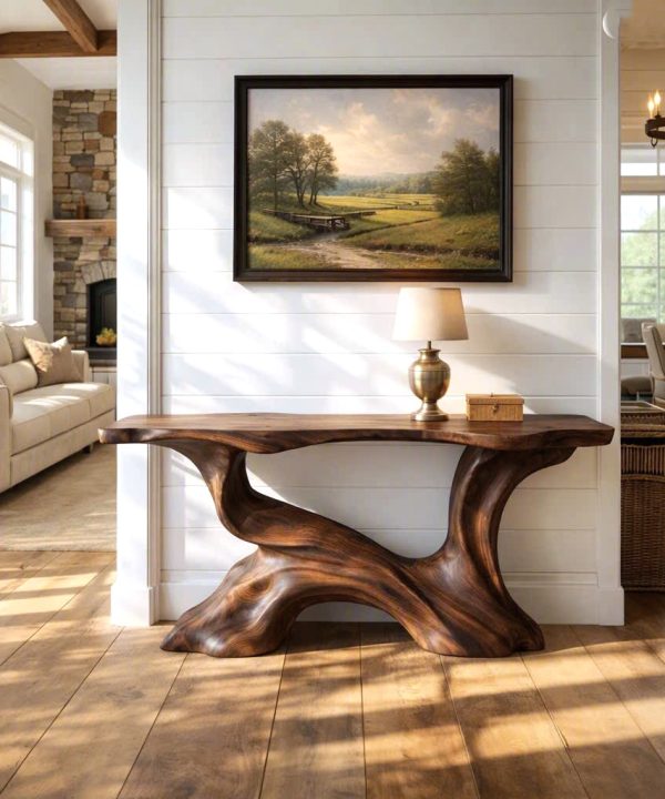 Modern Solid Wood Console Table With Pedestal Base Handmade Entryway Furniture For Living Room
