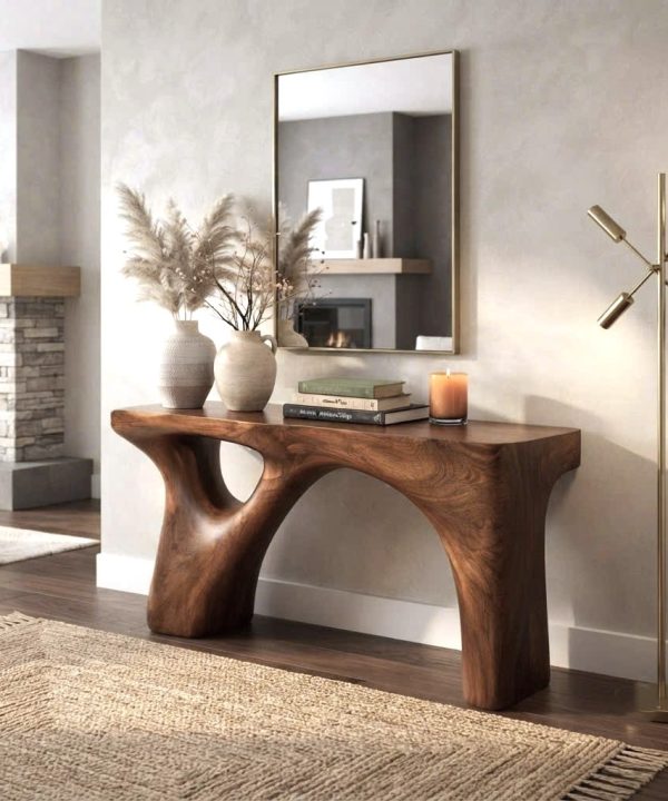 Modern Solid Wood Console Table With Pedestal Base Handmade Entryway Furniture For Living Room