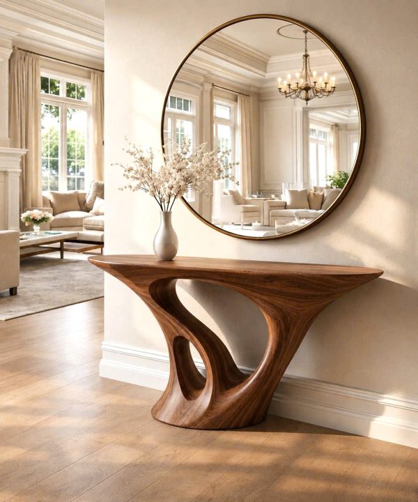Luxali Handmade Wooden Console Table — a modern farmhouse masterpiece, meticulously handcrafted from solid natural Monkey Pod wood, showcasing refined artistry and designed to elevate any living room.