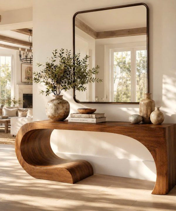 Luxali Handmade Wooden Console Table — a modern farmhouse masterpiece, meticulously handcrafted from solid natural Monkey Pod wood, showcasing refined artistry and designed to elevate any living room.