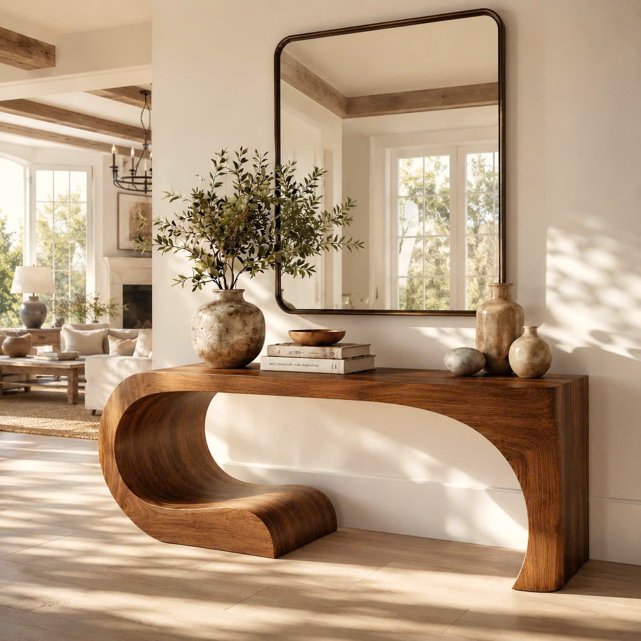 Luxali Handmade Wooden Console Table — a modern farmhouse masterpiece, meticulously handcrafted from solid natural Monkey Pod wood, showcasing refined artistry and designed to elevate any living room.