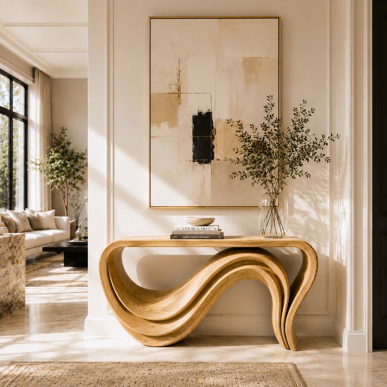 Luxali Handmade Wooden Console Table — a modern farmhouse masterpiece, meticulously handcrafted from solid natural Monkey Pod wood, showcasing refined artistry and designed to elevate any living room. - Image 3